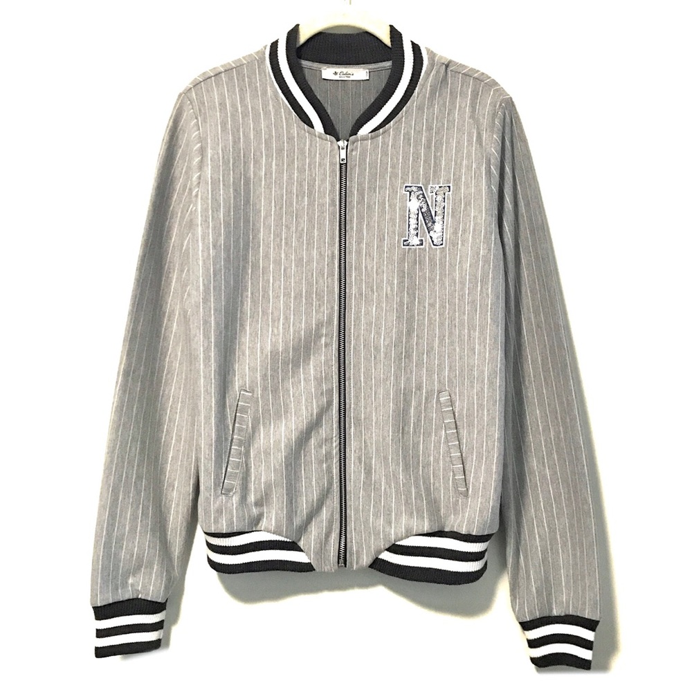 Baseball Jacket Grey & White Pinstripe Size M - NWOT